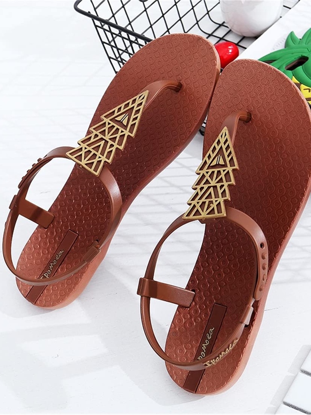 NWT Brown T-Strap Sandals with Gold Geometric Accent Size 9